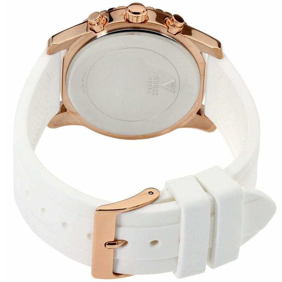 Guess Confetti Multi-Function W1098L5 Rose Gold Case Crystal Bezel White Rubber Women's Watch