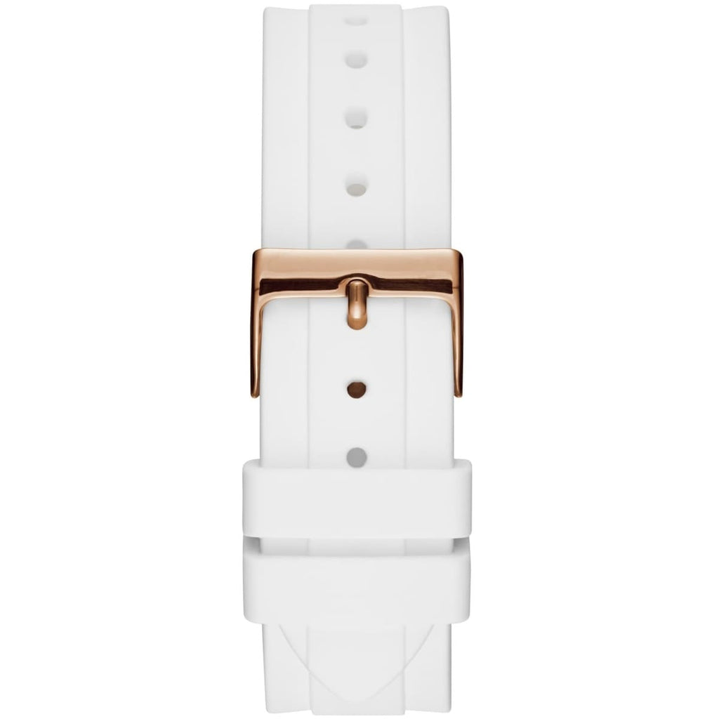 Guess Confetti Multi-Function W1098L5 Rose Gold Case Crystal Bezel White Rubber Women's Watch
