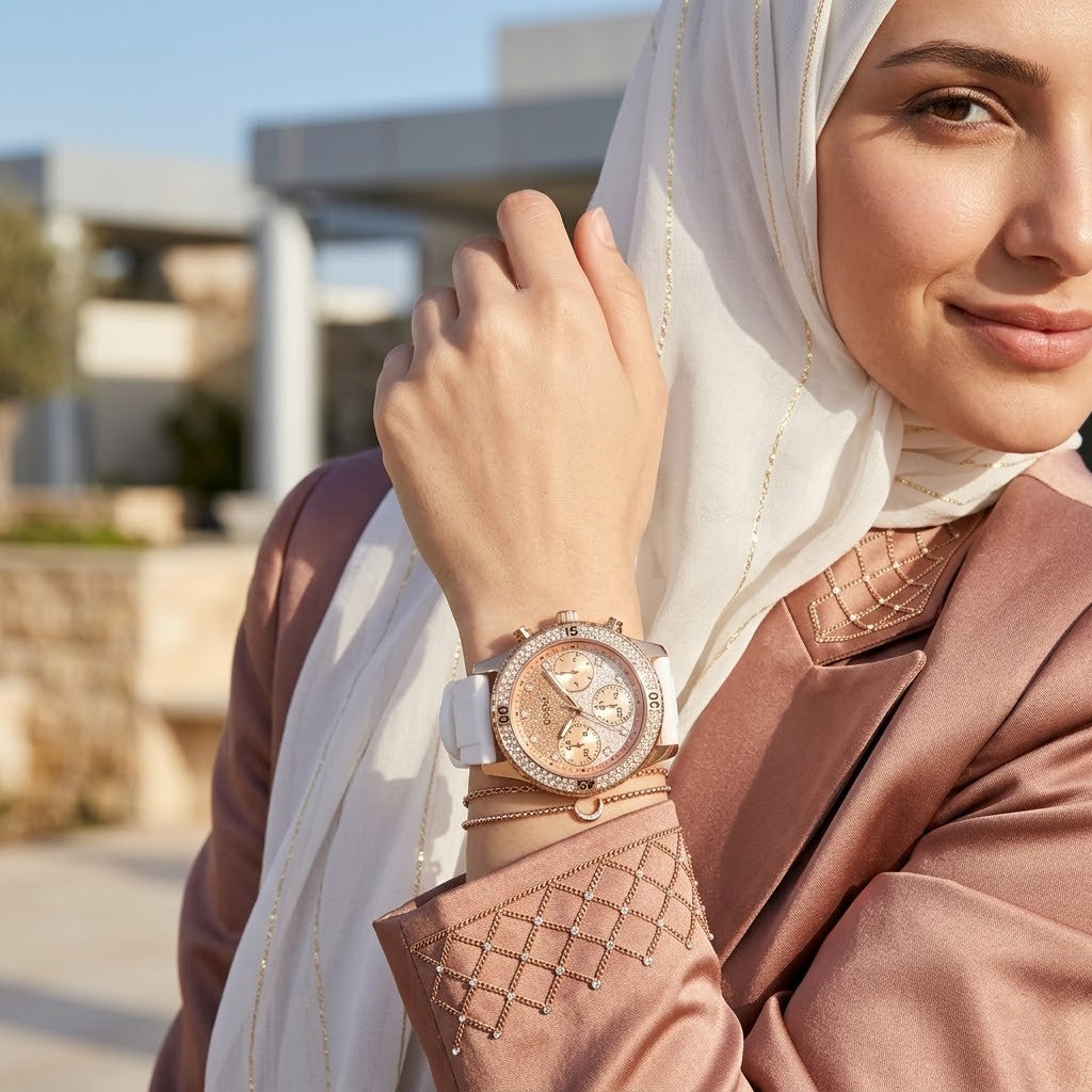 Guess Confetti Multi-Function W1098L5 Rose Gold Case Crystal Bezel White Rubber Women's Watch