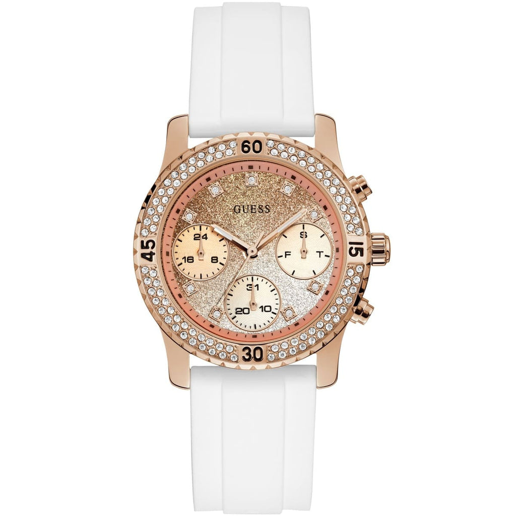 Guess Confetti Multi-Function W1098L5 Rose Gold Case Crystal Bezel White Rubber Women's Watch