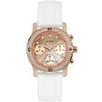 Guess Confetti Multi-Function W1098L5 Rose Gold Case Crystal Bezel White Rubber Women's Watch