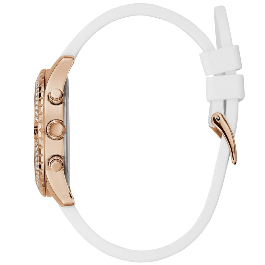 Guess Confetti Multi-Function W1098L5 Rose Gold Case Crystal Bezel White Rubber Women's Watch