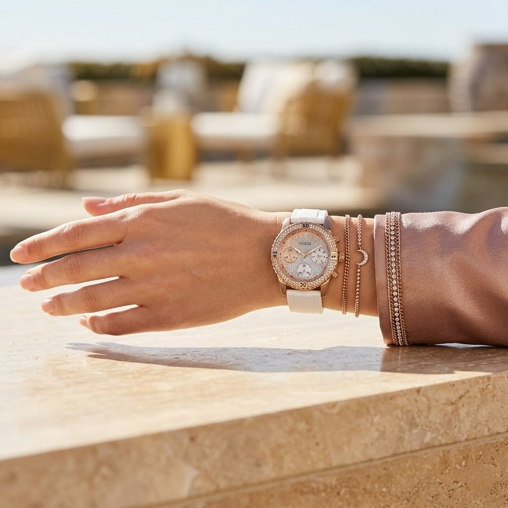 Guess Confetti Multi-Function W1098L5 Rose Gold Case Crystal Bezel White Rubber Women's Watch