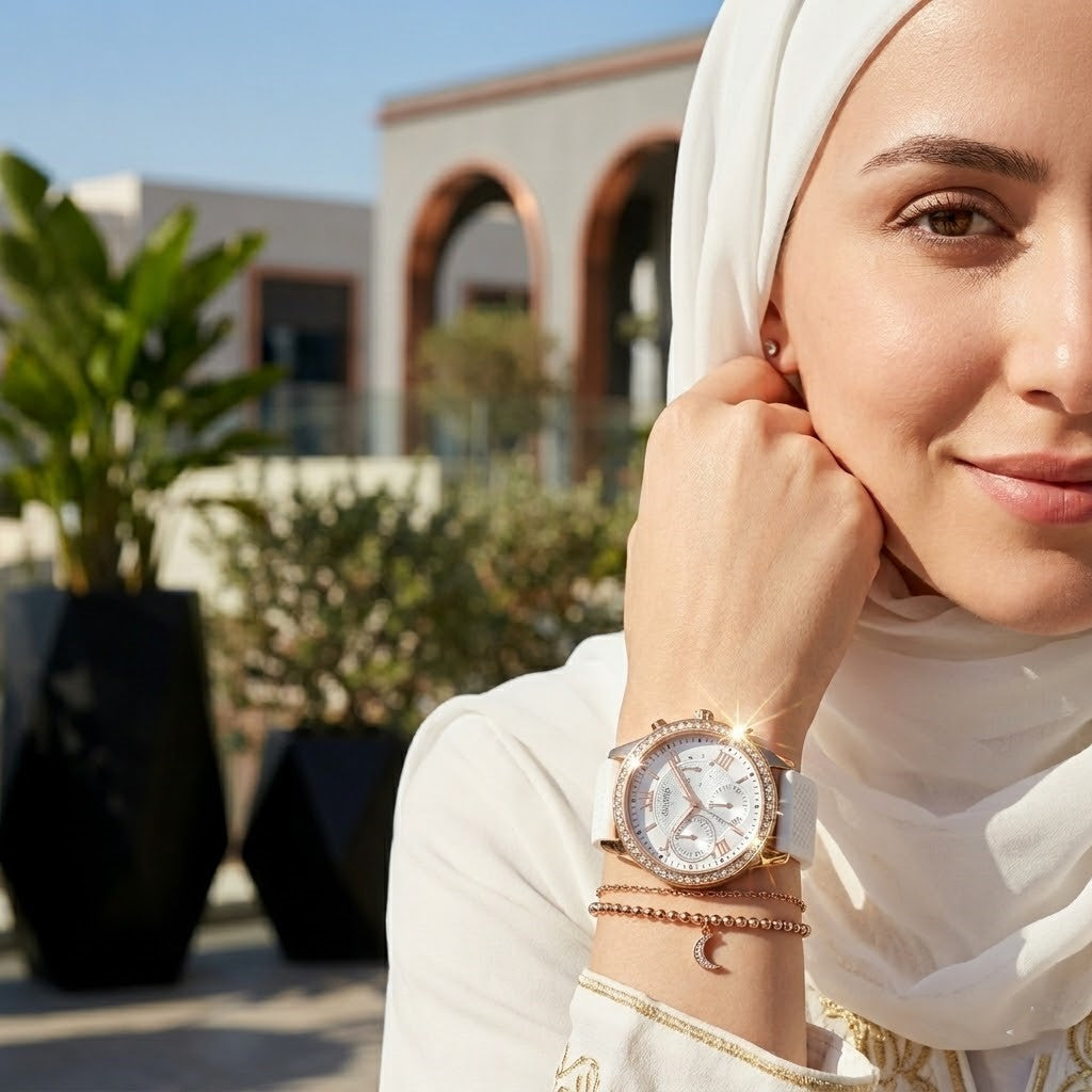 ساعة Guess Solar متعددة الوظائف W1135L1 بهيكل ذهبي وردي وإطار كريستالي وسوار مطاطي أبيض للنساء