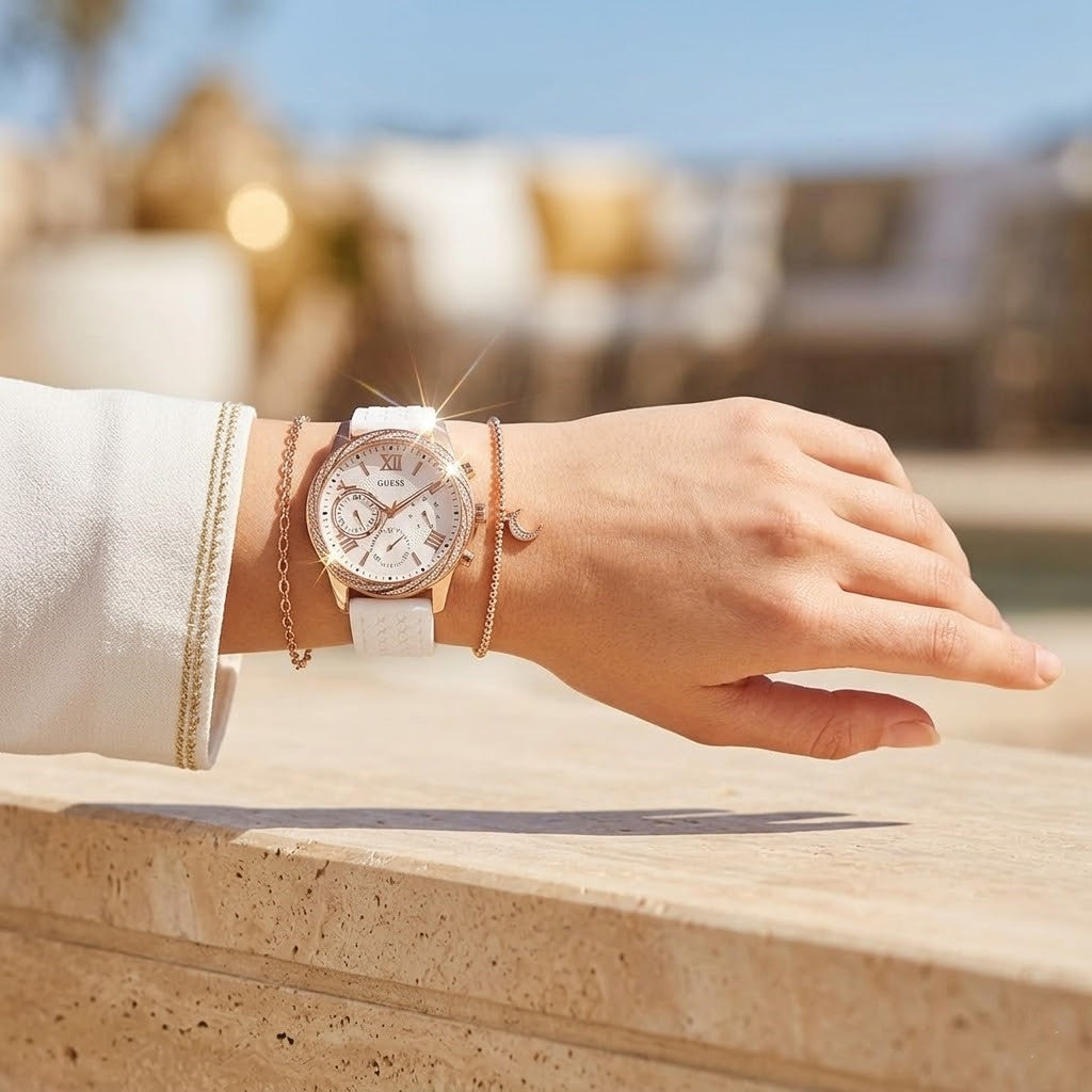 Guess Solar Multi-Function W1135L1 Rose Gold Case Crystal Bezel White Rubber Women's Watch