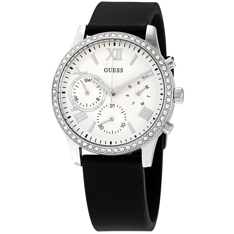 Guess Sunrise Multi-Function W1135L5 Silver Case Crystal Bezel Silver Dial Black Rubber Women's Watch
