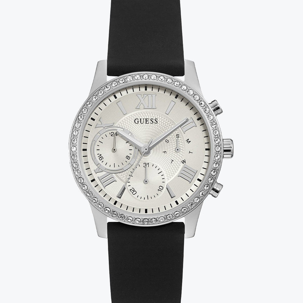 Guess Sunrise Multi-Function W1135L5 Silver Case Crystal Bezel Silver Dial Black Rubber Women's Watch