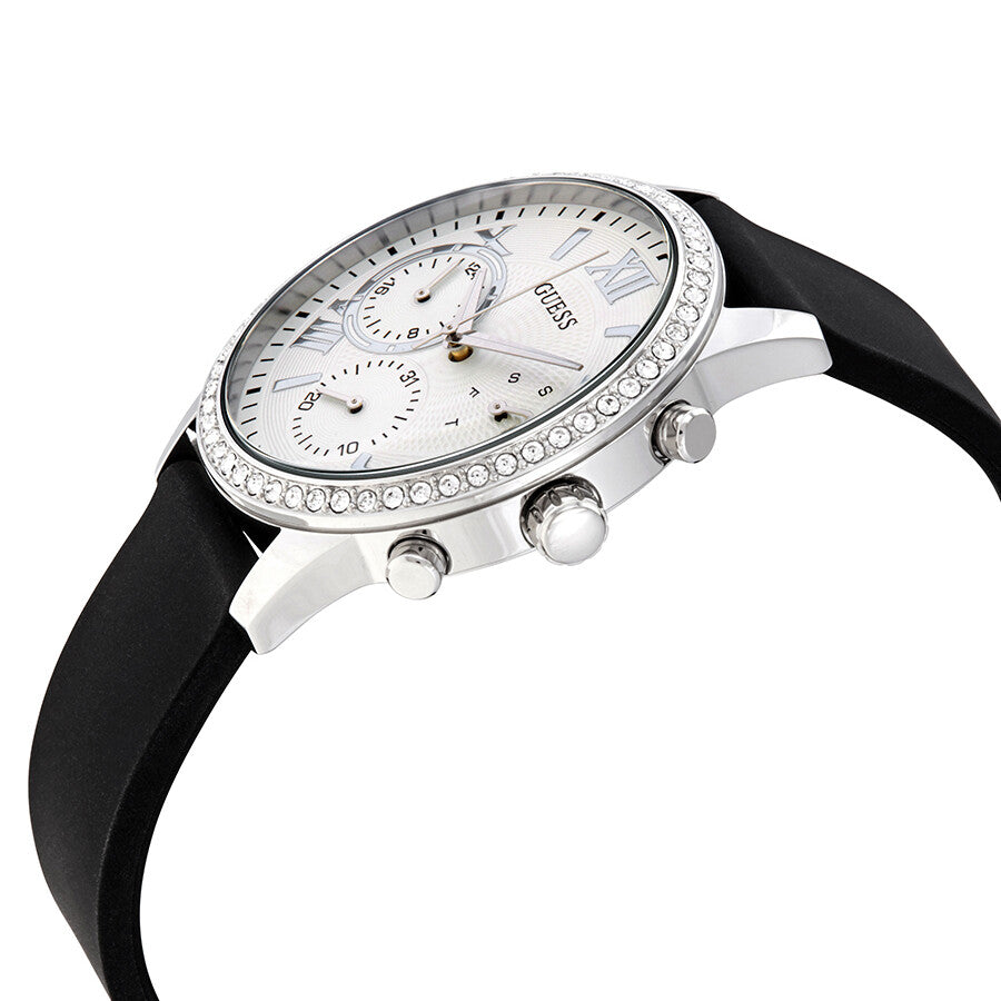 Guess Sunrise Multi-Function W1135L5 Silver Case Crystal Bezel Silver Dial Black Rubber Women's Watch