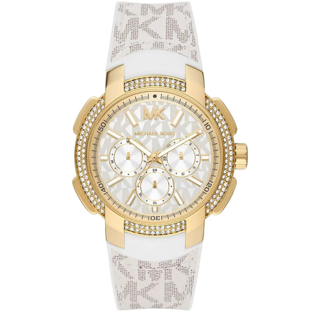 Michael Kors MK7221 Women’s White Dial White Logo Strap Gold-Tone Multi-Function Watch