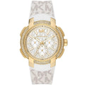 Michael Kors MK7221 Women’s White Dial White Logo Strap Gold-Tone Multi-Function Watch