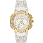 Michael Kors MK7221 Women’s White Dial White Logo Strap Gold-Tone Multi-Function Watch