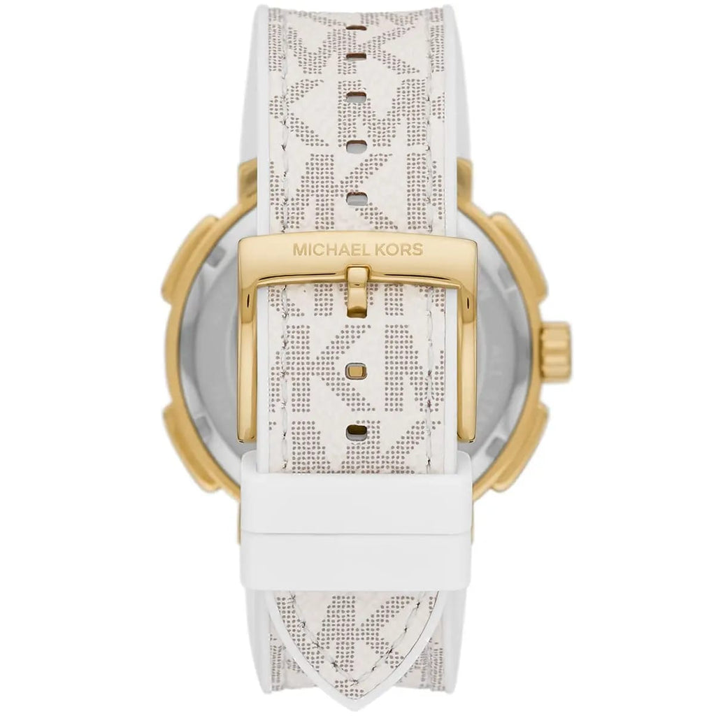 Michael Kors MK7221 Women’s White Dial White Logo Strap Gold-Tone Multi-Function Watch