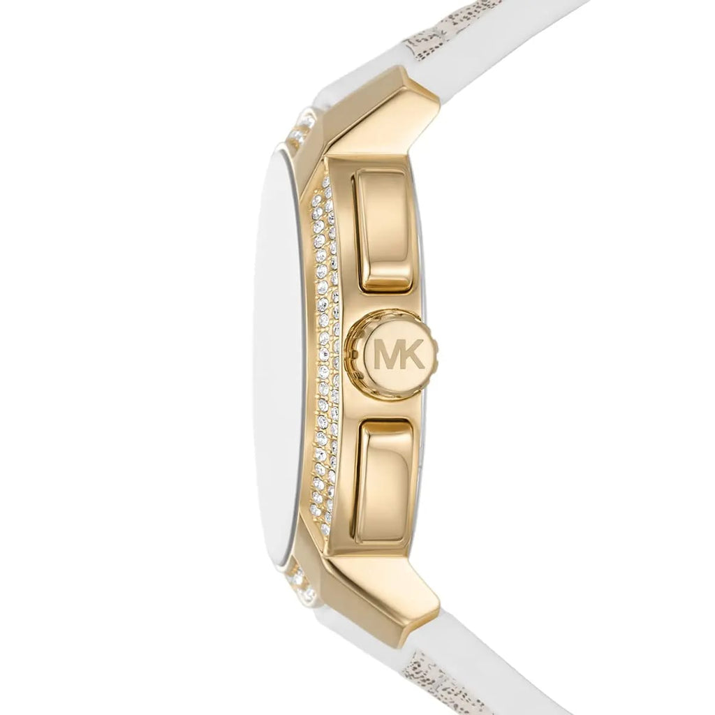 Michael Kors MK7221 Women’s White Dial White Logo Strap Gold-Tone Multi-Function Watch