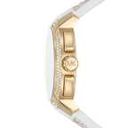 Michael Kors MK7221 Women’s White Dial White Logo Strap Gold-Tone Multi-Function Watch