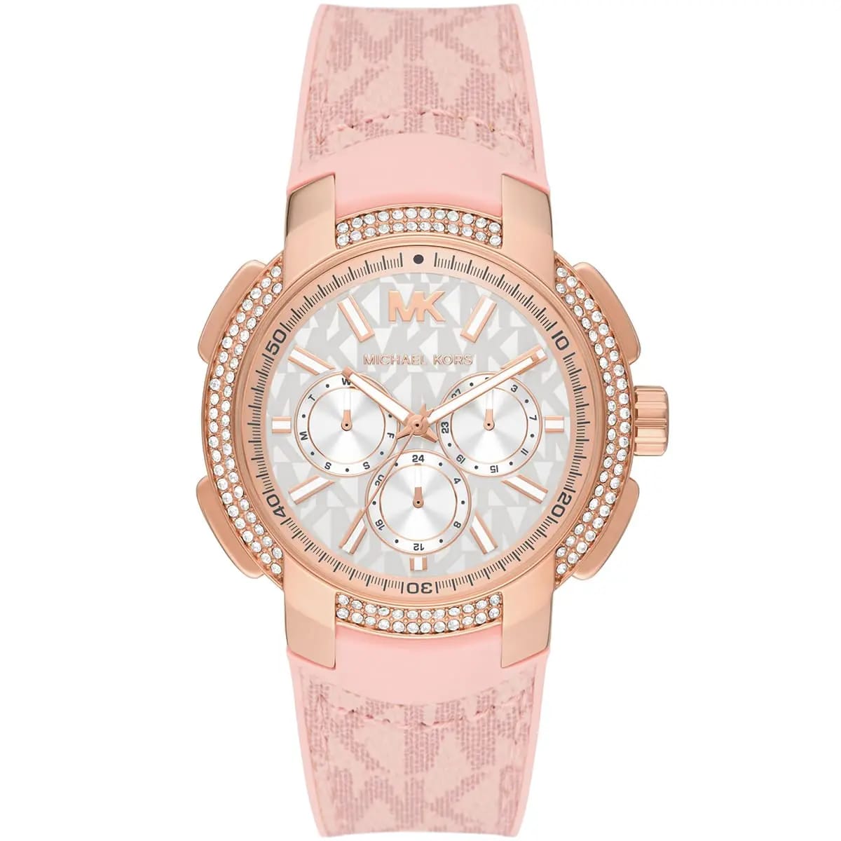 Michael Kors  MK7222 Women’s White Dial Pink Logo Strap Rose Gold Multi-Function Watch