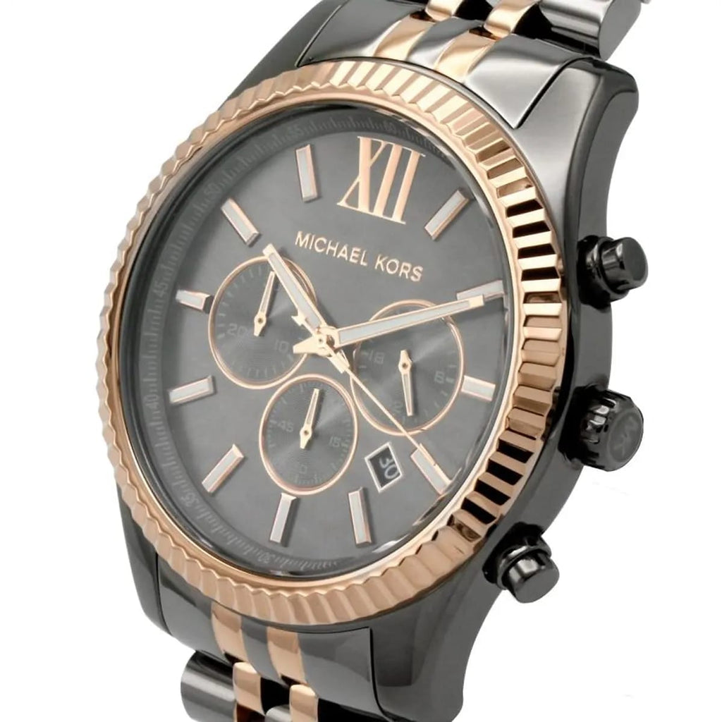 Michael Kors MK8561 Men’s Grey Dial Two-Tone Black Rose Gold Stainless Steel Lexington Chronograph Watch