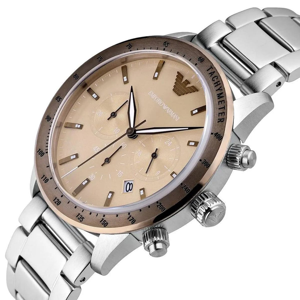 Emporio Armani AR11352 Men’s Champagne Dial Stainless Steel Mario Chronograph Watch