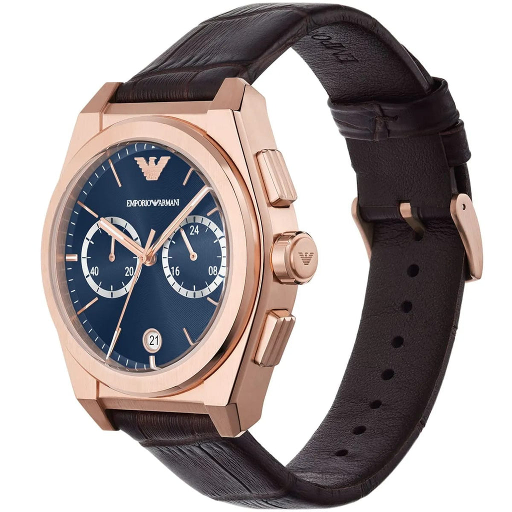 ساعة كرونوغراف فيديريكو للرجال من إمبوريو أرماني AR11563 بسوار جلدي بني ومينا أزرق