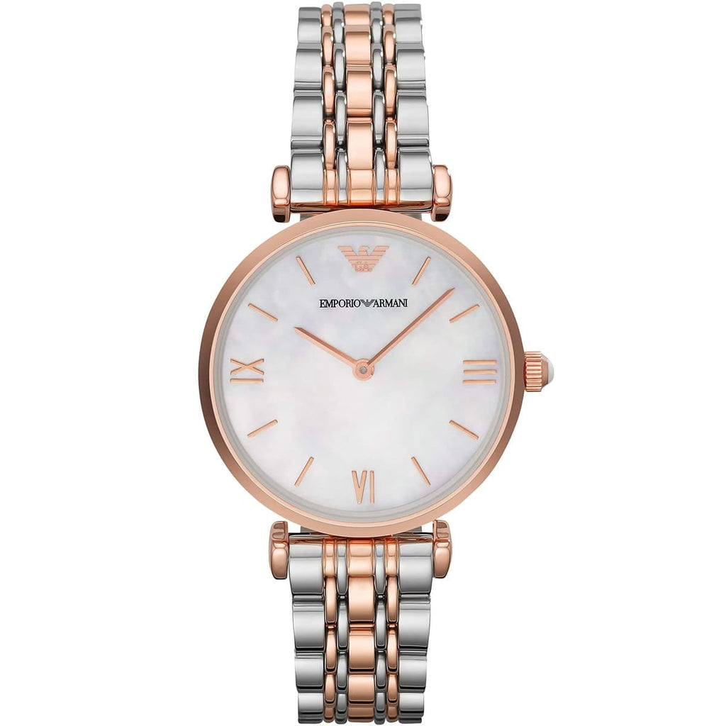 Emporio Armani AR1683 Women’s Mother of Pearl Dial Two-Tone Stainless Steel Gianni T-Bar Watch