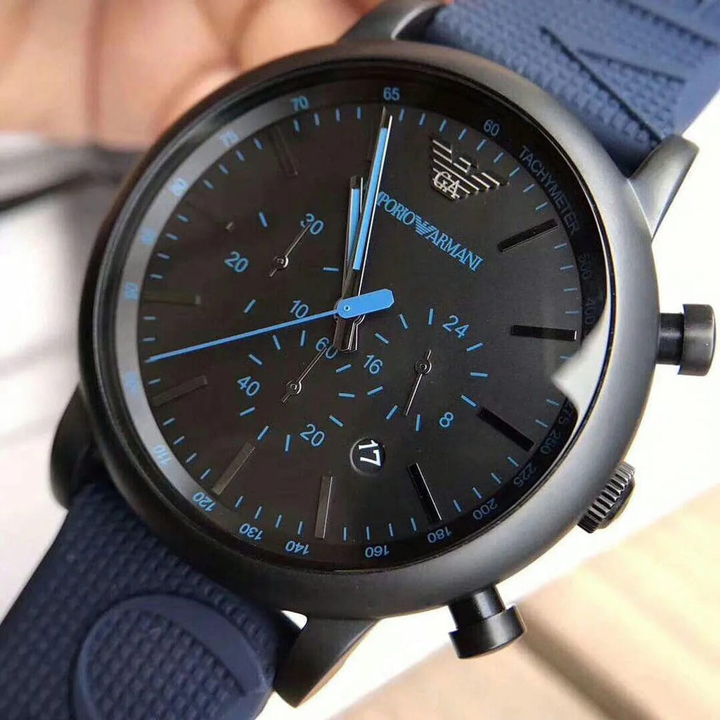 ساعة كرونوغراف إمبوريو أرماني AR11023 للرجال بمينا أسود وحزام سيليكون أزرق