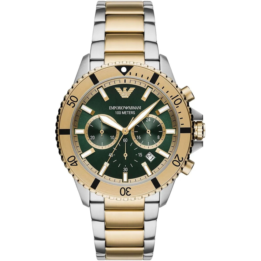 ساعة كرونوغراف Emporio Armani AR11586 للرجال، غواص، مينا أخضر، ستانلس ستيل بلونين