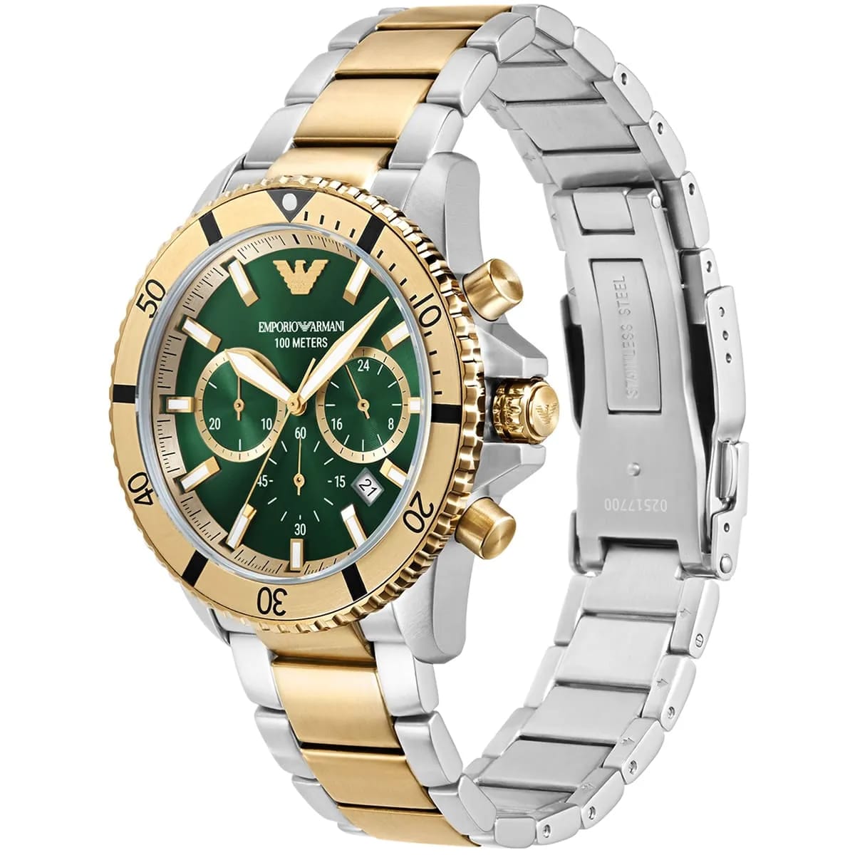 Emporio Armani AR11586 Men’s Green Dial Two-Tone Stainless Steel Diver Chronograph Watch
