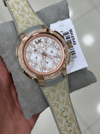 Michael Kors Sidney MK6949 Rose Gold-Tone Crystal Grey Logo Rubber Women's Watch