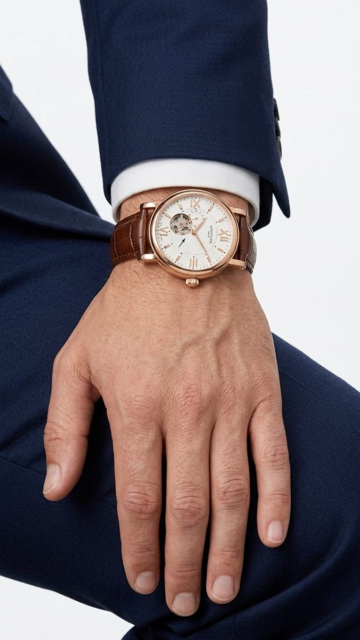 Luxury Classic Automatic Skeleton-Style Watch – White Dial, Rose Gold Case & Brown Leather Strap