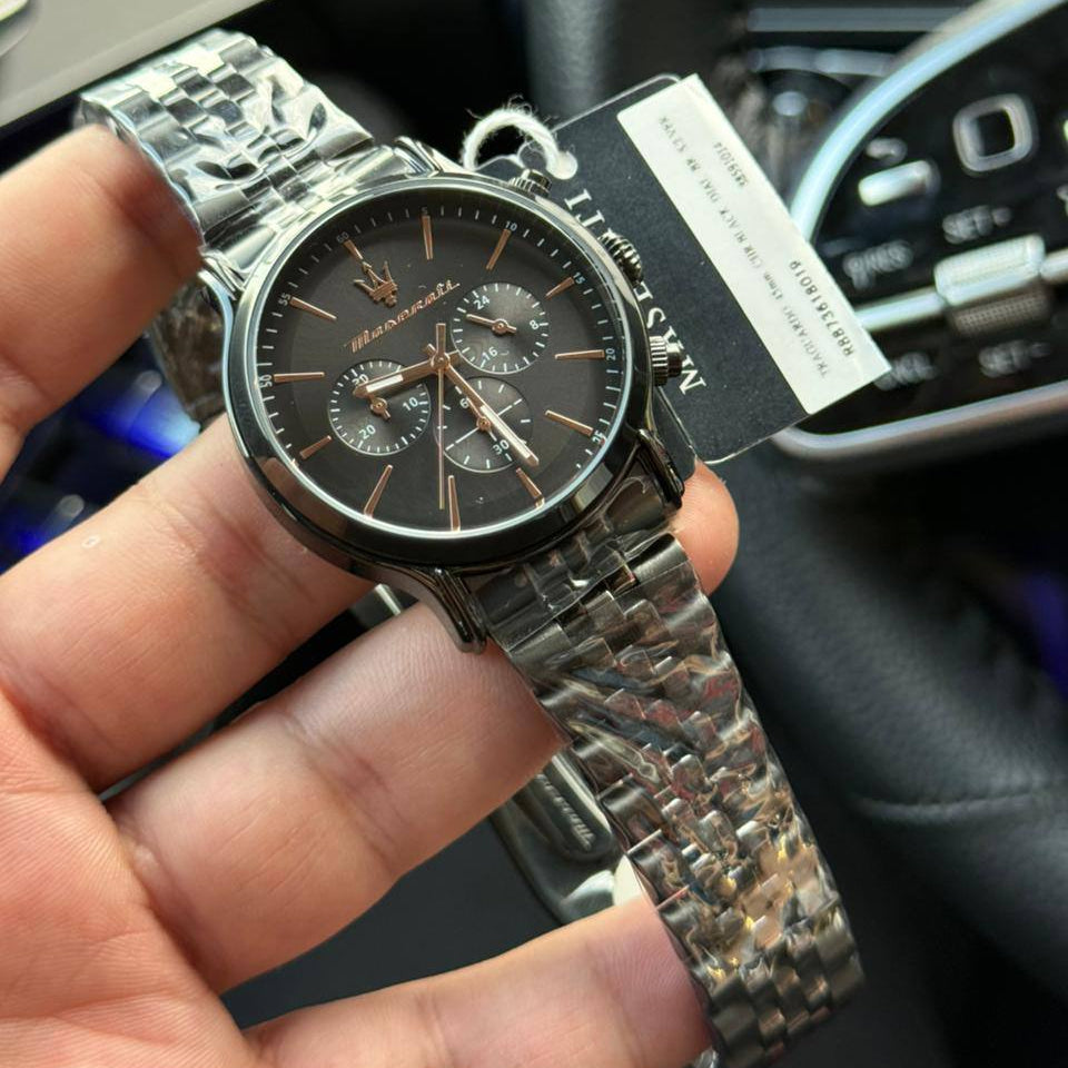 Maserati Epoca R8873618019 Full Black Jubilee Bracelet Rose Gold Accents Watch
