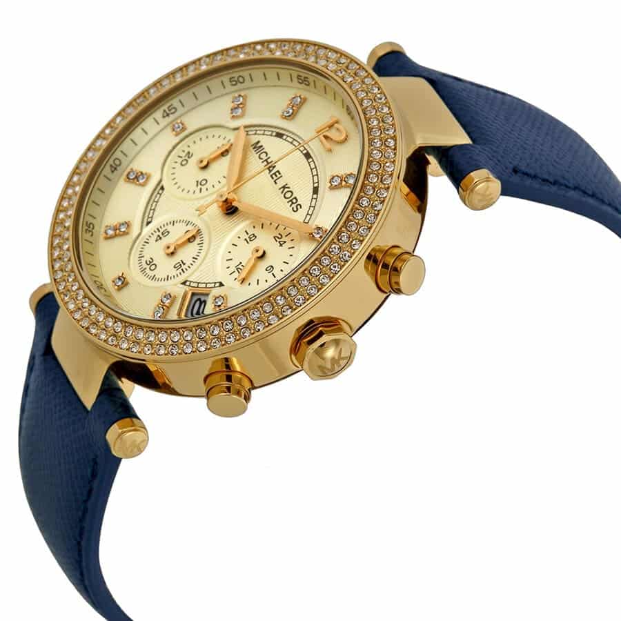Michael Kors Parker MK2280 Gold-Tone Watch with Navy Blue Leather Strap