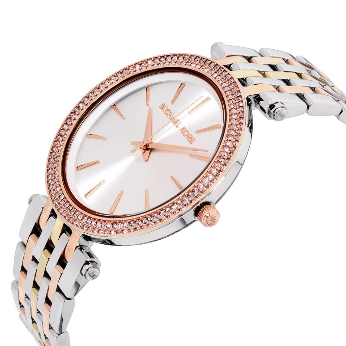 Michael Kors Darci MK3203 Tri-Tone Watch with Crystal Bezel and Silver Dial