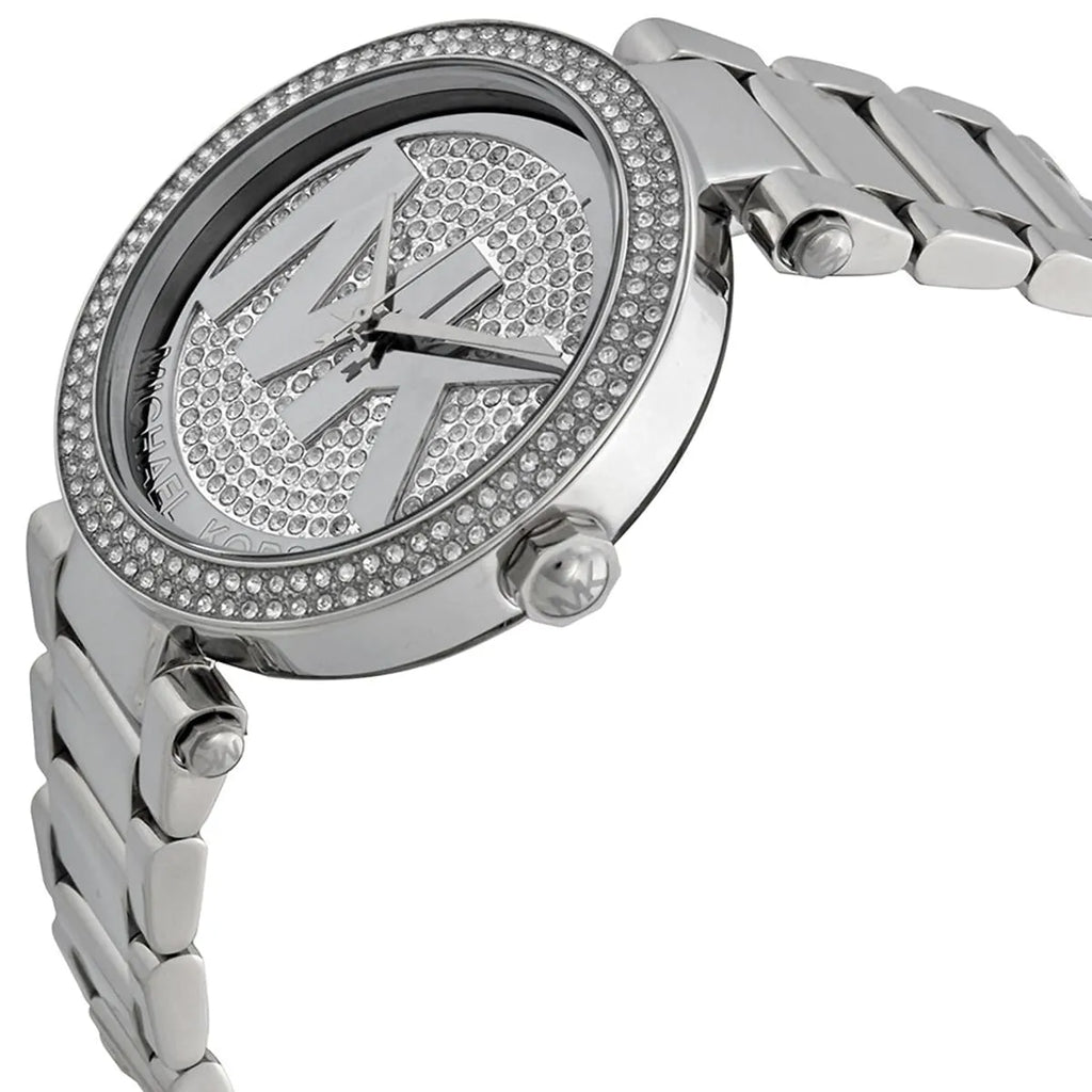Michael Kors Parker MK5925 Silver Watch with Pavé Crystal MK Logo Dial