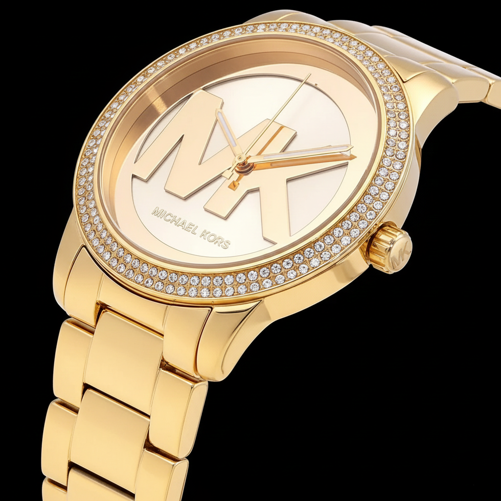 Michael Kors Tibby MK6879 Gold-Tone Watch with Crystal Bezel and MK Logo Dial