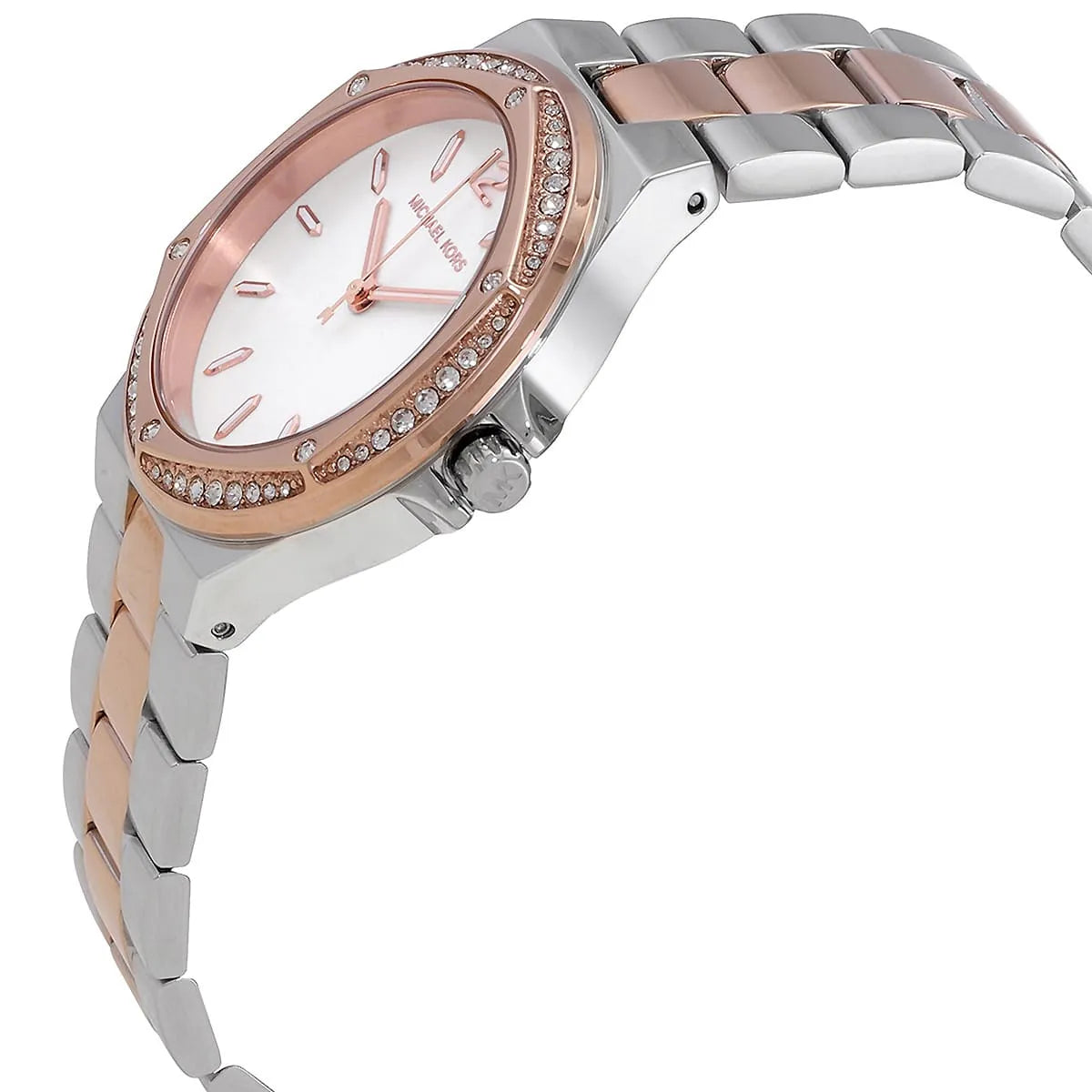 Michael Kors Lennox MK6989 Two-Tone Watch with Crystal Bezel and Silver Dial