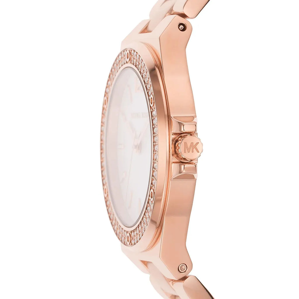 Michael Kors Lennox MK7279 Rose Gold Watch with Crystal Bezel and Silver Dial