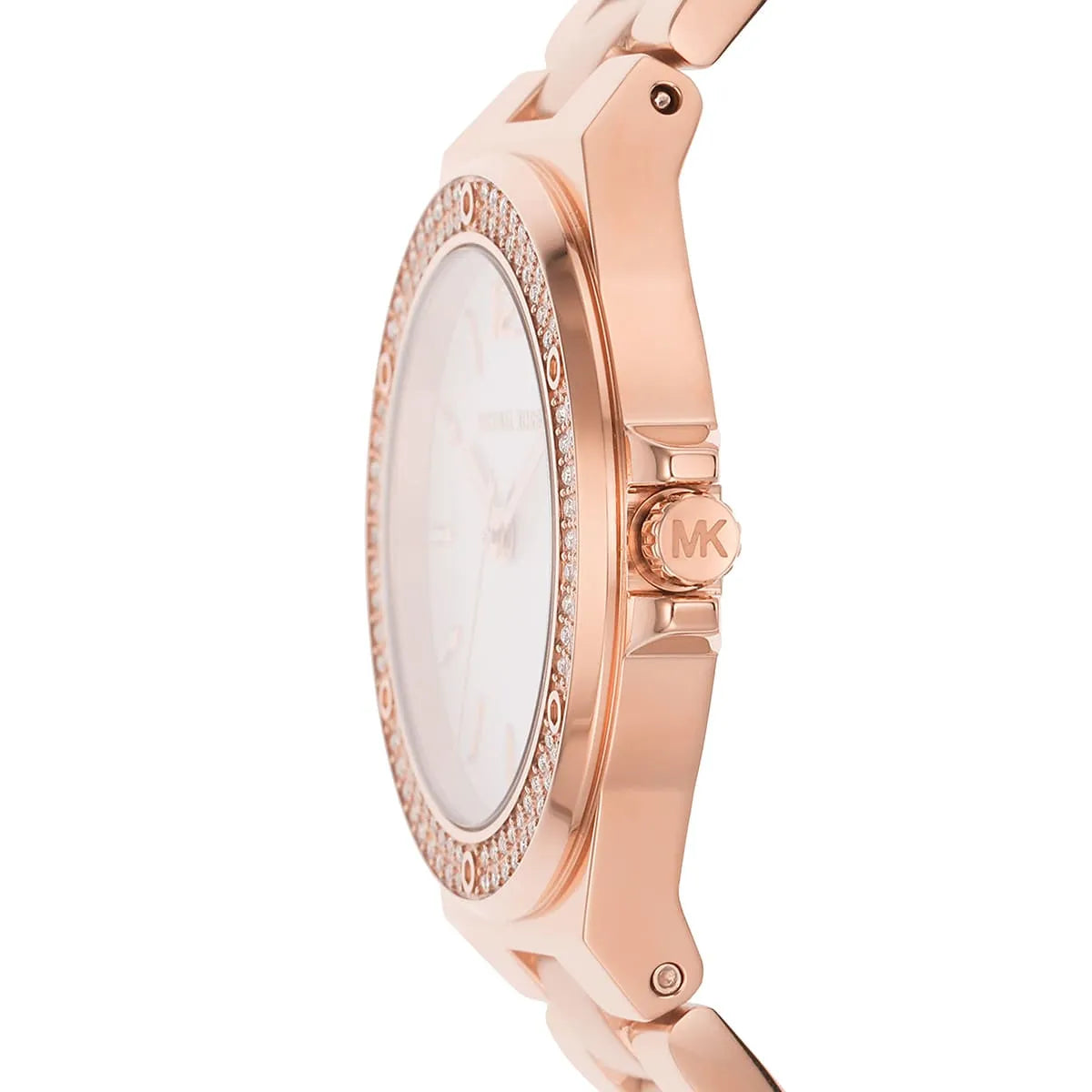 Michael Kors Lennox MK7279 Rose Gold Watch with Crystal Bezel and Silver Dial