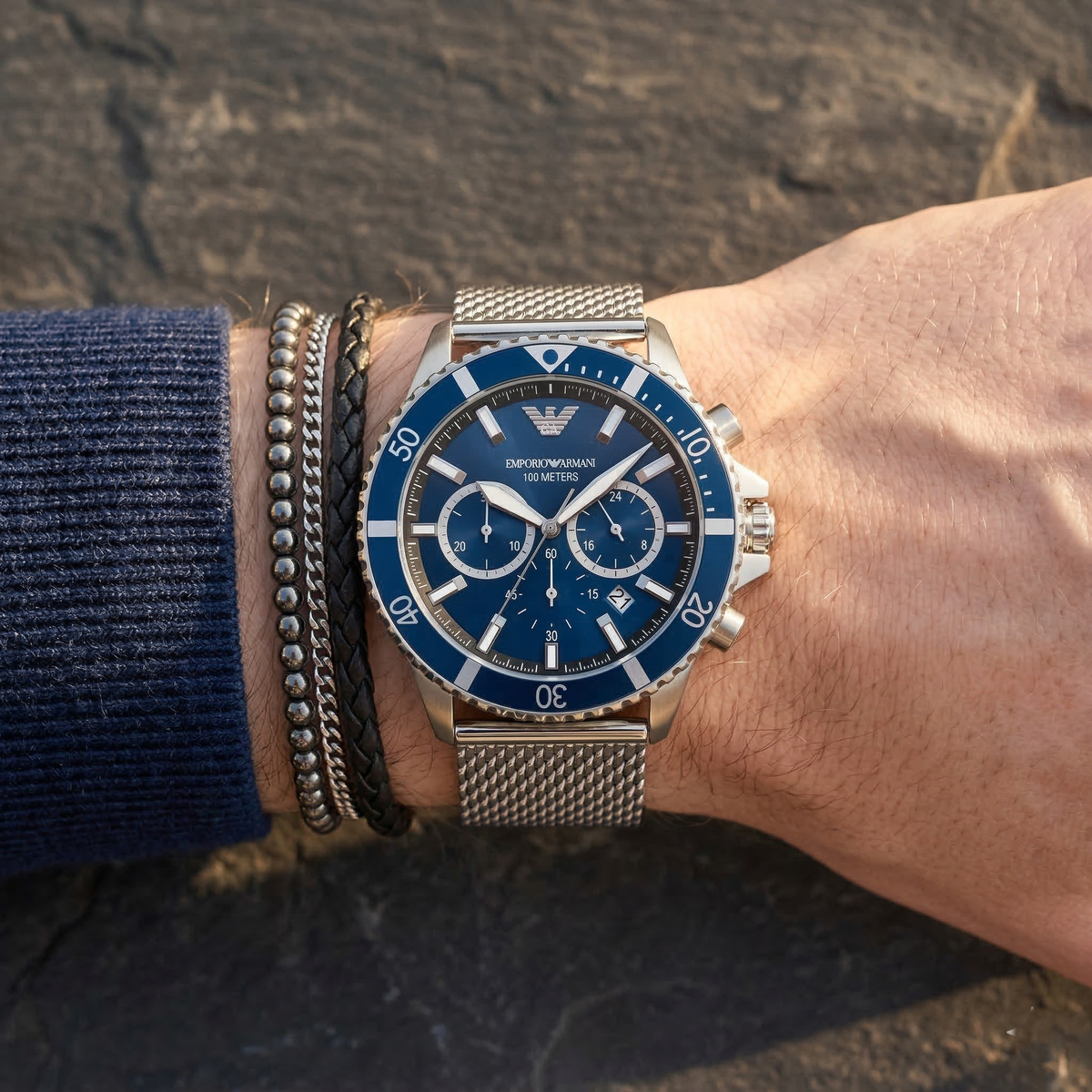 Emporio Armani Diver AR11587 Silver-Tone Blue Dial Mesh Strap Men's Watch
