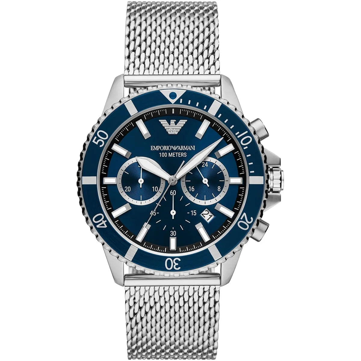 Emporio Armani Diver AR11587 Silver-Tone Blue Dial Mesh Strap Men's Watch