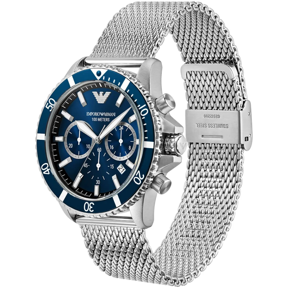 Emporio Armani Diver AR11587 Silver-Tone Blue Dial Mesh Strap Men's Watch