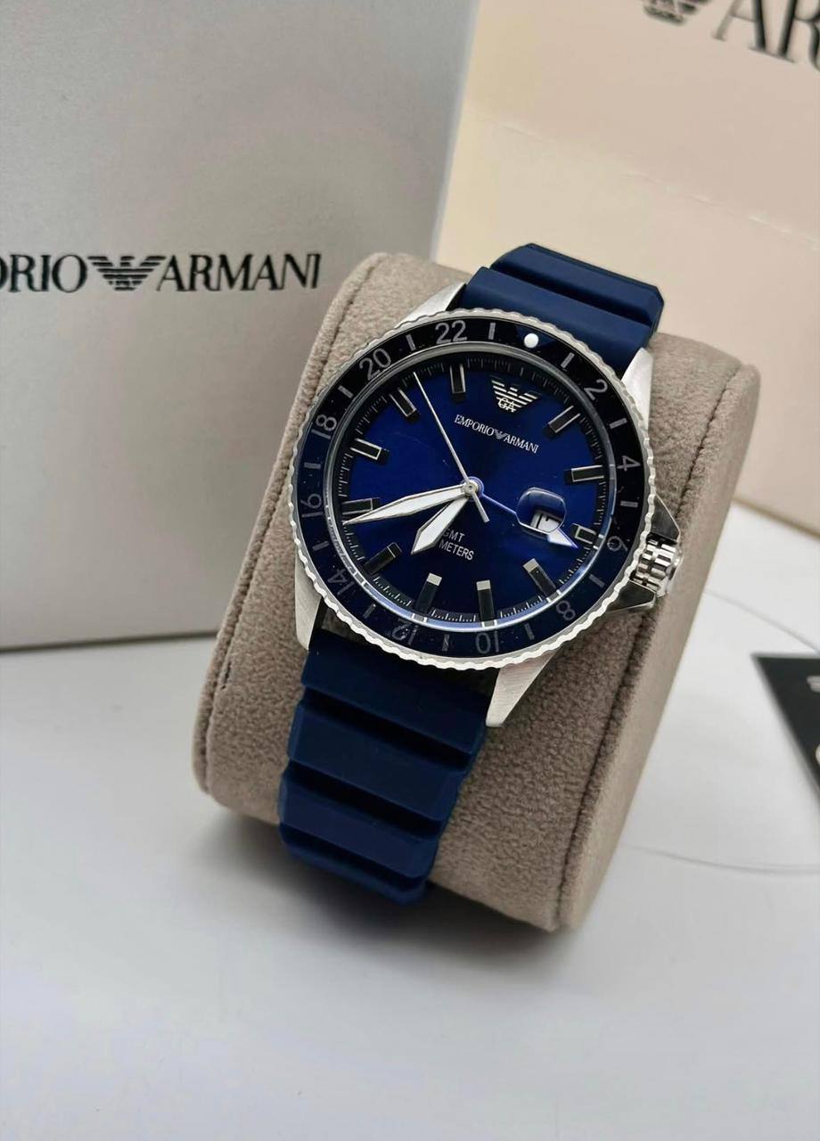 ساعة إمبوريو أرماني AR11592 ميناء أزرق غواص توقيت عالمي 100 متر حزام مطاطي