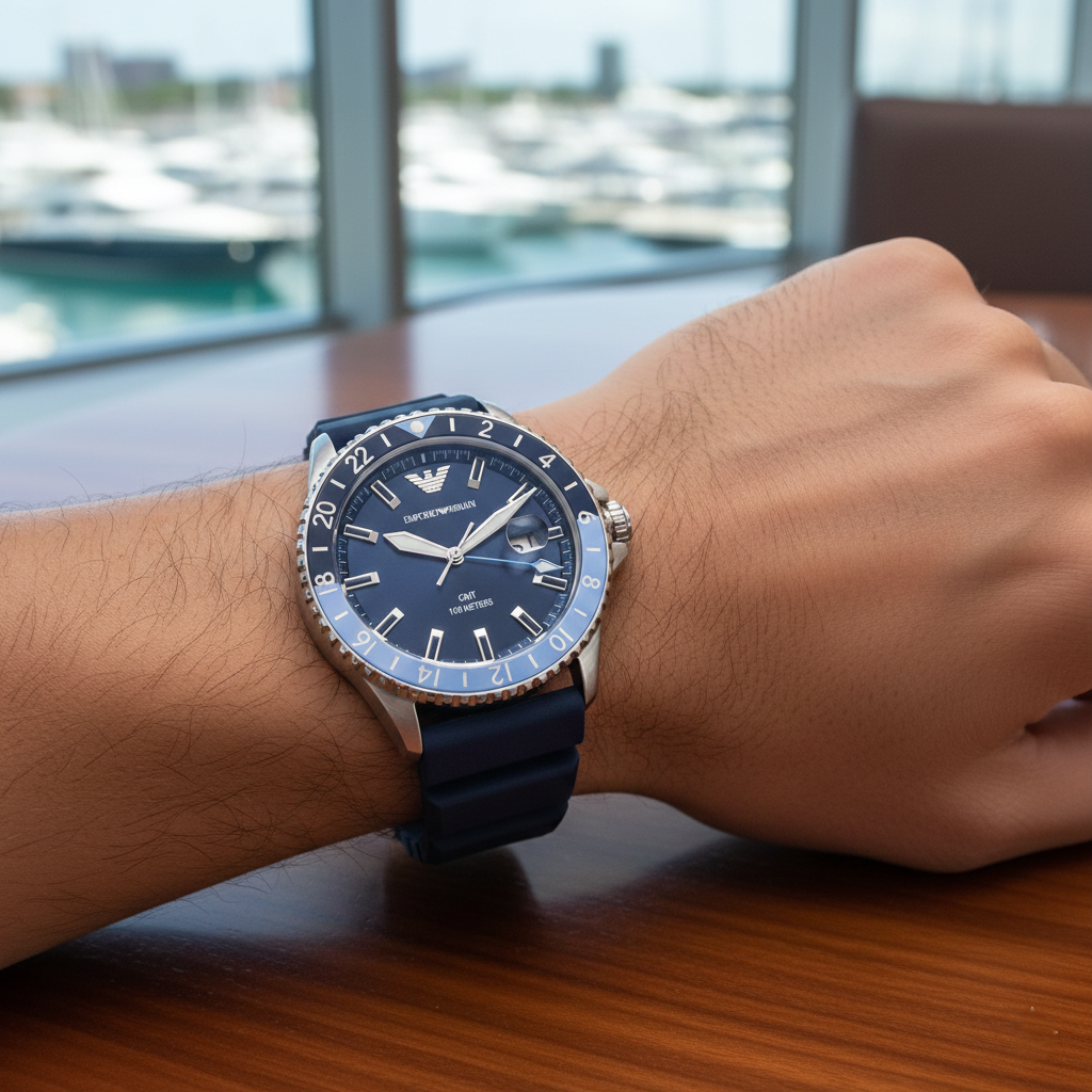 Emporio Armani AR11592 Blue Dial GMT Diver 100M Rubber Strap Watch