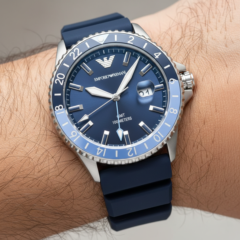 Emporio Armani AR11592 Blue Dial GMT Diver 100M Rubber Strap Watch