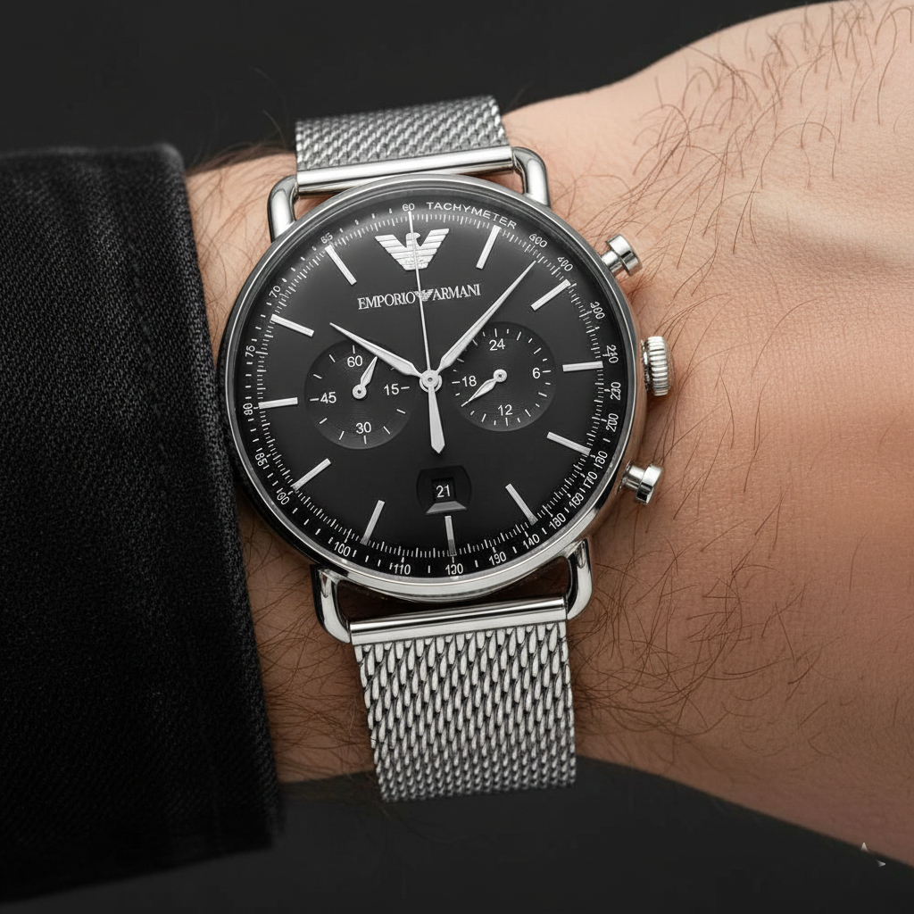 Emporio Armani Aviator AR11104 Silver Mesh Chronograph Watch