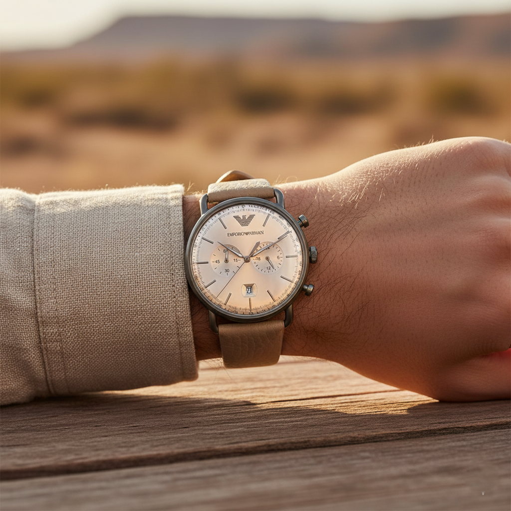 Emporio Armani Aviator AR11107 Beige Leather Gunmetal Watch