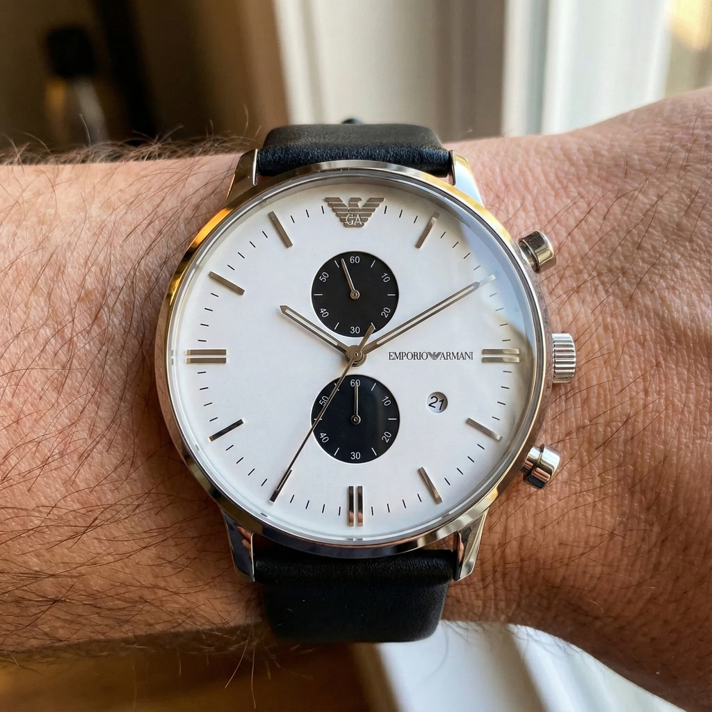 Emporio Armani Classic AR0385 White Panda Dial Leather Watch