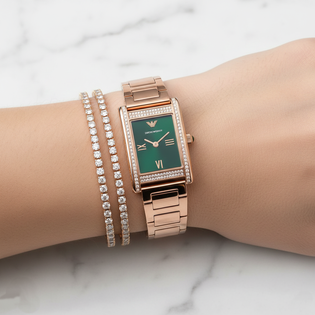 Emporio Armani Genni AR11641 Rose Gold Green Rectangular Ladies Watch