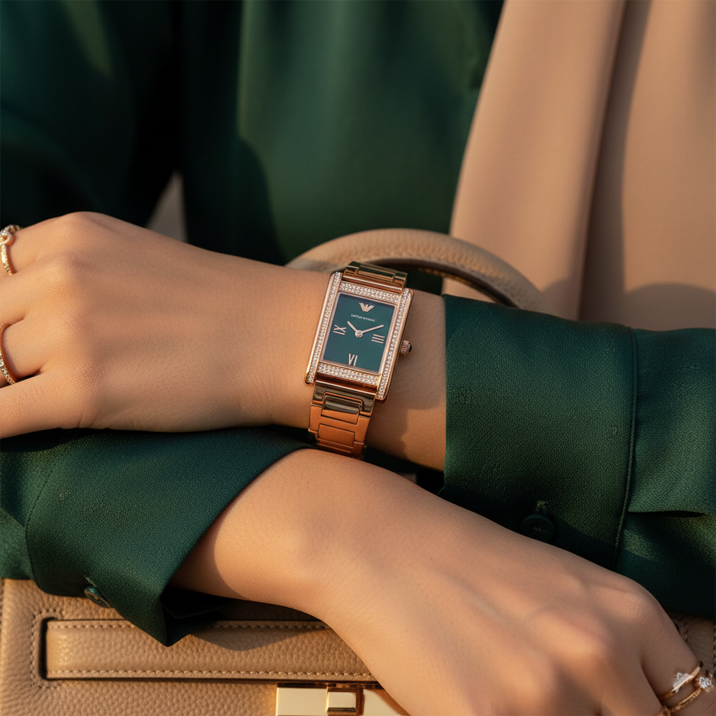 Emporio Armani Genni AR11641 Rose Gold Green Rectangular Ladies Watch