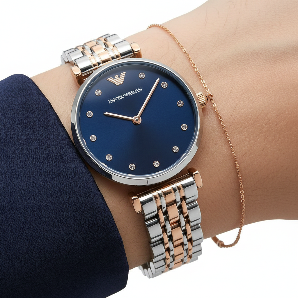 Emporio Armani Gianni T-Bar AR11092 Two-Tone Blue Dial Crystal Watch