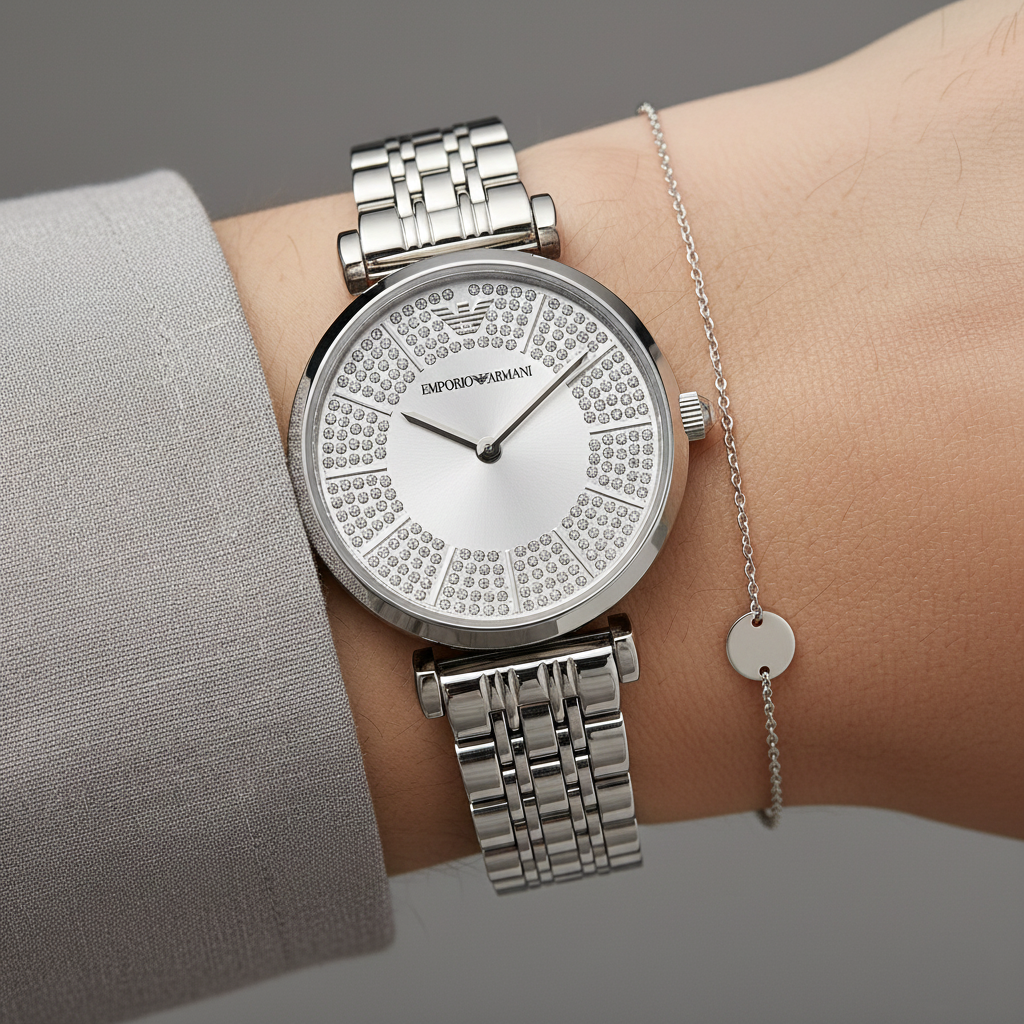 Emporio Armani Gianni T-Bar AR11445 Full Crystal Silver Dial Watch