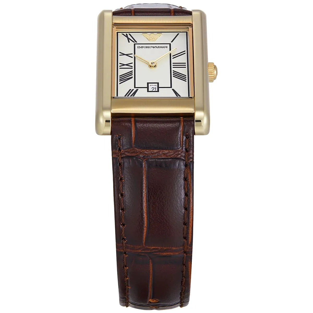 ساعة إمبوريو أرماني جينو AR11665 مستطيلة ذهبية اللون بسوار من الجلد البني